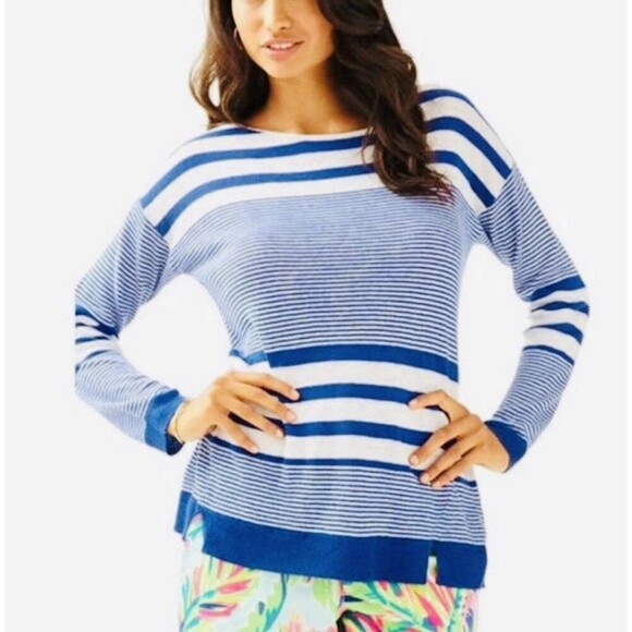 Lilly Pulitzer Camilla 100% Linen Top Size Small Blue Stripe Boatneck Sweater - Picture 2 of 11